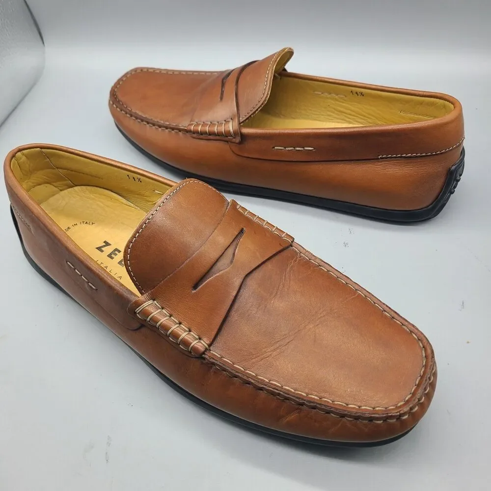 Zelli Monza mens tan brown Italian Calfskin Driver Penny Loafers Italy sz 11.5